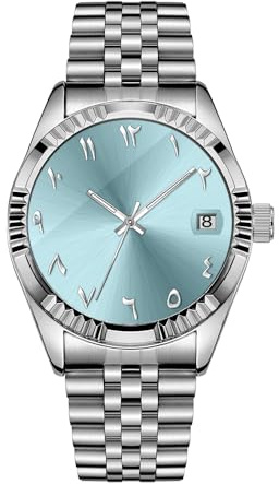 Boyarca Män arabiska siffror urtavla mekaniska klockor automatisk rörelse 38 mm män armbandsur rostfritt stål rem med lysande vattentät datum, Ljusblått