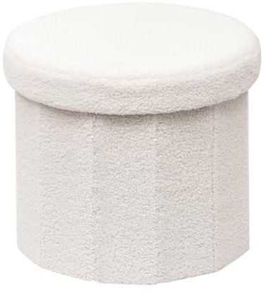 PINPLUS Pouf Contenitore Pieghevole, Sgabello Rotondo con Rivestimento Morbido, Puff Poggiapiedi Per Toeletta, Camera da Letto e Soggiorno, 38x38x33.5cm, Bianco