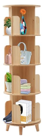 Royyalpa 4-stöckiges Bücherregal Holzregal Drehregal Kinderregal Standregal Aufbewahrungsregal mit 360° Drehung aus Kiefernholz, Ø45cm H143cm, ideal für Wohnzimmer & Kinderzimmer