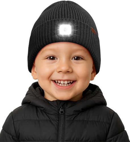 ATNKE LED-upplyst mössa för barn, fodrad med lätt, fleece, uppladdningsbar USB löparmössa, frihändig pannlampa, vinter, varm, stickad mössa, present för pojkar och flickor, Mörkgrå, one size