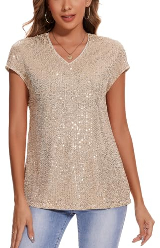 Kyzoeyou Damen Glitzer Shirt Kurzarm Oberteile Glitzertop Pailletten Festlich Tunika V-Ausschnitt (Hellgelb XL)