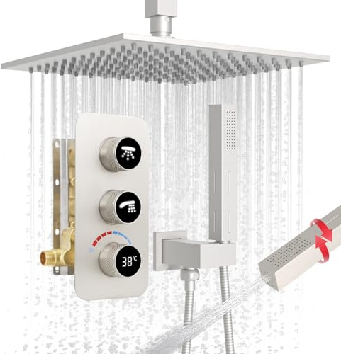 GETSHOWERSET Rainfall Shower System, 10 Inch Rain Shower Head with 2 in 1 Handheld, Ceiling Mounted Shower Faucet Set, Brushed Nickel