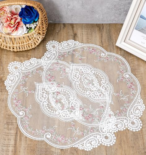 2Pcs Lace Doilies, Flower Crochet Lace Tablecloth Handmade Embroidered Retro French Style (15x10 Inch, White and Pink)