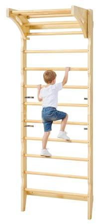 VEVOR Espalier en Bois Massif, Échelle Suédoise Murale à 10 Niveaux, Grande Capacité de Charge de 100 kg, Gym Mural 2-en-1 avec Barre de Traction, Équipement pour Escalade, Aire de Jeux Intérieur
