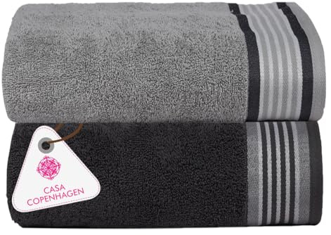 Casa Copenhagen He & She Juego de 2 Toallas de baño Grandes, 90x180 cm, Gris Pino–Violeta Gris, 550 g/m², diseñado en Dinamarca, algodón Egipcio Suave para baño, Cocina y Ducha