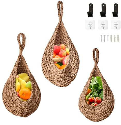 Jonuin Hanging Fruit Basket, 3 Pcs Teardrop Hanging Storage Baskets with 6 Hooks for Kitchen, Cotton Rope Hanging Wall Baskets for Flowers, Fruits and Vegetables Storage, 3 Sizes, Brown