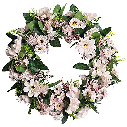 Künstlicher Blumenkranz, gelber Gänseblümchen-Kranz, Deko-Kranz für Haustür, Heimdekoration, Frühling (Außendurchmesser: 45 cm, Hellrosa Gänseblümchen)