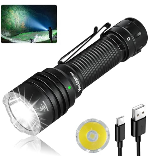 Wurkkos TS23 Tactical Torch Rechargeable，5000 Lumens Super Bright LED Torch | 482m Long Beam Searchlight, 9 Modes, IP68 Waterproof Heavy Duty Torch, Dog Walking, Camping-Black