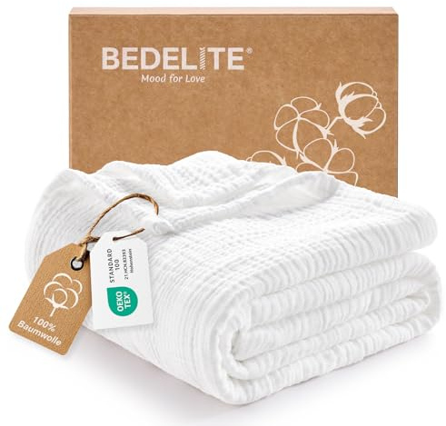 BEDELITE Musselin Decke 127x177cm Erwachsene Tagesdecke Baumwolle, Weiß | weiche & atmungsaktive 4-lagige Musselindecke alle Jahreszeiten, leichter Überwurf für Bett, Sofa und Couch als Sommerdecke