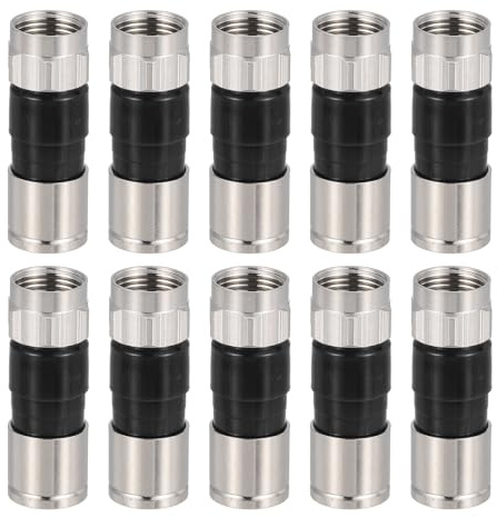 sourcing map 10 Pcs F Type Coaxial Cable Compression Connectors, 75 Ohm Copper RG6 Coaxial Male Connector with Water Tight O Ring for Cable TV Antennas Routers Modems Satellite TV, Black