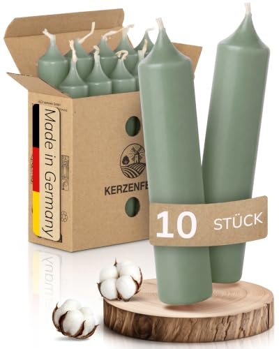 Kerzenfeld® Kurze Stabkerzen Salbeigrün, 2-fach getaucht, 10cm x 2,2cm | Made in Germany, Bunte Kleine Kerzen - Ohne Tropfen & Rußen - RAL-Zertifizierte Tafelkerzen, Tischdeko für Zuhause oder Event