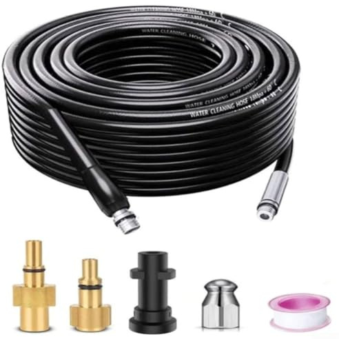 Sawhamale Kit de manguera limpiadora de drenaje de alta presión con boquilla de 4 chorros para desatascar tuberías de alcantarillado Karcher, tubo flexible de HDPE negro (15 m)
