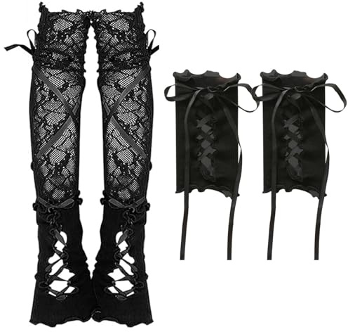 CSVZKIAY 2 Paar Fingerlose Armstulpen für Damen mit Schnürdesign, Lange Gothic Punk Handschuhe aus Polyester für Karneval, Halloween, Cosplay, Party, Ball und besondere Anlässe