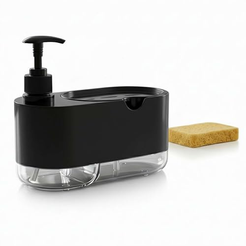Kitchen Dish Soap Dispenser Set，Dish and Hand Soaps Dispenser with Sponge Holder, 3-in-1 Countertop Sponge Dual Soap Pump Dispensers for Kitchen Sink（ Black&White)