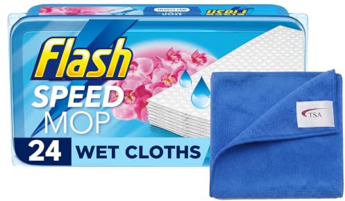 Flash Speed Mop Wet Floor Cleaning Wipes 24 Cloths Antibacterial Wild Orchid Scented Cloth Refills Multi-Surface Floor Wipes Trap & Lock Daily Dirt, Grease & Grime - Comes with Microfiber Cloth
