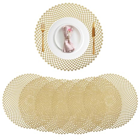 6er Set Runde Platzsets, 38 cm Gold Spiral Loch & Flockenmuster Tischsets, Abwaschbar rutschfeste PVC Hitzebeständige, Ideal Für Veranstaltungen, Home Decor & Täglicher Gebrauch