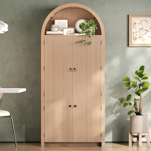 Merax Gewölbter Küchenschrank, Bogenschrank, Vitrinenschrank mit Ablage über der, 6 Regale und Offenem Oberfach, Holzoptik, Vitrinenschrank für Küche, Esszimmer, Wohnzimmer, 80x40x180cm, Natur