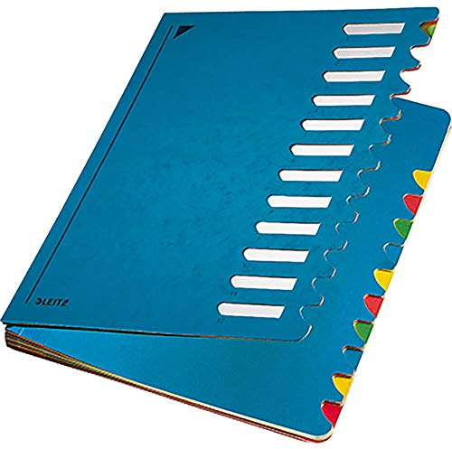 Leitz Pultordner, A4, 12 Fächer, Farbige Trennblätter, 3 Sichtlöcher, Karton, Blau, 59120035