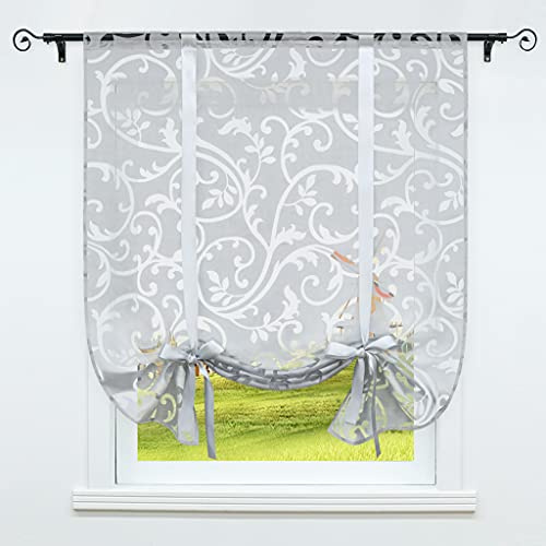 CORLIF Raffrollo mit Tunnelzug Gardinen Küche Ausbrenner Transparente Vorhänge Modern Kurze Fenster Vorhang mit Ranken Muster Grau BxH 100x140cm 1 Stück