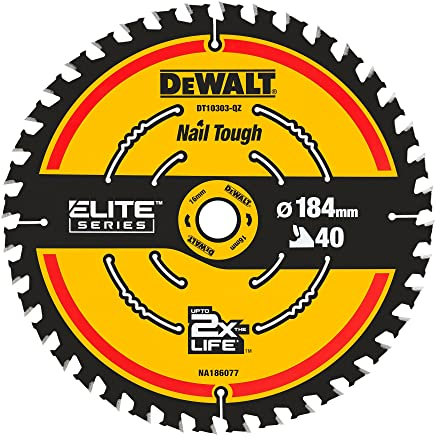 Dewalt Elite Kreissägeblatt DT10303 (Sägeblatt-ø 184/16 mm, Schnittbreite: 1,65 mm, 40 Zähne, Zahngeometrie: WZ, Zahnwinkel: 18°, ultra-scharfe Hartmetall-Zähne, mit Nail Tough, für feine Schnitte)