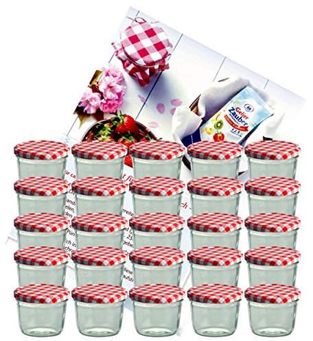 Set da 25 barattoli in vetro da 230 ml per conserve / marmellate, con tappo 82 mm, colore: rosso a quadretti, include quaderno per ricette e zucchero gelificante