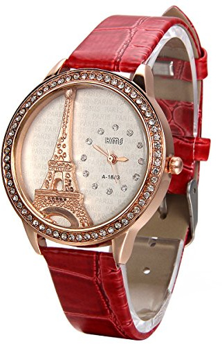 JewelryWe Damen Armbanduhr, Analog Quarz, Exquisite Leder Armband Uhr mit Strass Eiffelturm Zifferblatt, 4 Farben