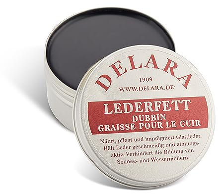 DELARA Hochwertiges Lederfett, nährt, imprägniert und pflegt Schuhe, Taschen, Reitsättel und Möbel aus Leder, Dose mit 100 ml, Farbe: Schwarz - Made in Germany