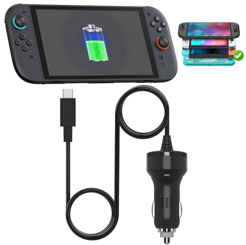 Kfz-Ladegerät für Switch 2/1/OLED/Lite mit 2m Typ-C-Kabel | FYOUNG Hochgeschwindigkeits-Autoladegerät mit 2m/6,6Ft Typ-C-Ladekabel für unterwegs