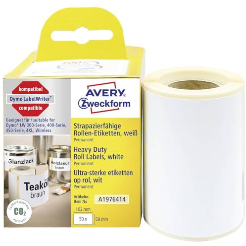 AVERY Zweckform A1976414 Dymo LabelWriter wetterfeste Etiketten kompatibel zu 1976414 (59x102mm, 1 Rolle|50 Kunststoff Aufkleber, selbstklebend, für LW Dymo Etikettendrucker, Beschriftungsgerät)