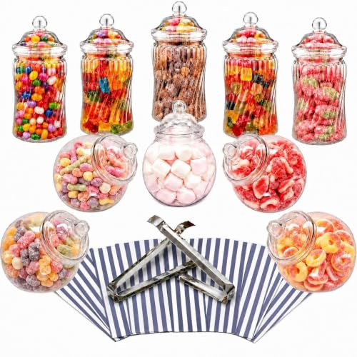 10 bocaux à bonbons rétro en plastique - 2 pinces et 50 sachets à bonbons à rayures pour mariage, fête, baptême, etc.