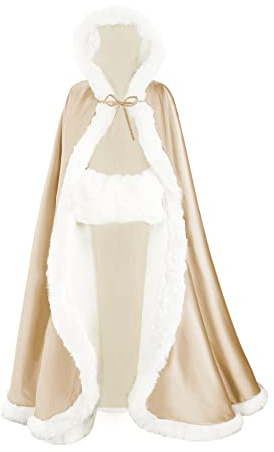 BEAUTELICATE Mantello con Cappuccio Donna Mantella Lungo Pelliccia Sintetica Raso da Sposa con Mano Manicotto per Matrimonio Invernale Hallween Natale Carnevale Cosplay (Argento, 140cm)