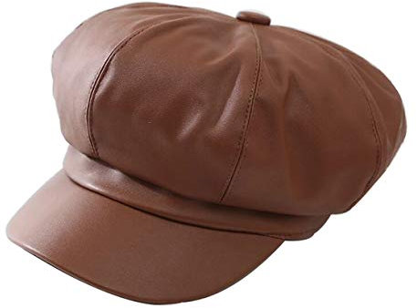 CHENNUO Schirmmützen Damen PU Leder Barett Maler Mütze Gatsby Newsboy Flat Cap Kappe (Braun)