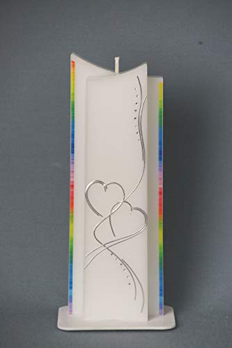 moderne Hochzeitskerze Regenbogen ; LGBT+ ; in Sonderform -Silber- ; inkl. Beschriftung ! I 28