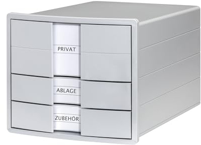 HAN Schubladenbox IMPULS 2.0 Mit 3 Geschlossenen Schubladen Für DIN A4/C4 Inkl. Beschriftungsschilder, Unterlagenbox, Boden Mit Auszugsperre, Möbelschonende Gummifüße, 1017-11, Lichtgrau