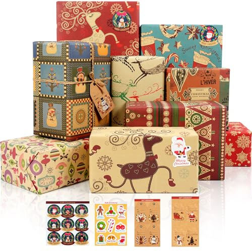 Geschenkpapier Weihnachten, 12 Blatt Weihnachtspapier Set mit Aufklebern und Geschenkanhänger, kraftpapier Recycling Weihnachten Geschenkpapier für Kinder und Erwachsene, 50 x 70cm