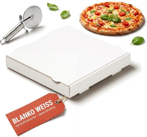KK Verpackungen Pizzakartons | 100 Stück, 26x26x4 cm, Pizzaboxen Blanko Weiß | E-Welle, unbeschichtet | Pizzaschachtel für Außerhausverkauf, Lieferservice | Pizzaverpackung