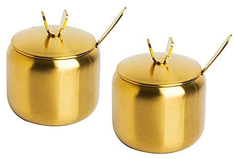 Azucarero de acero inoxidable para almacenamiento de especias con cuchara de tapa (2 unidades, dorado)