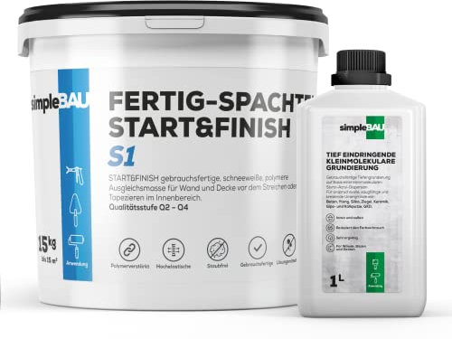 simpleBAU Spachtelmasse Weiß Innen 15 KG + 1L Tiefengrund gebrauchsfertig für Wand, Decke, Boden - Gebrauchsfertige Polymer-Spachtelmasse für Lösemittelfrei vor Anstrich & Renovierung