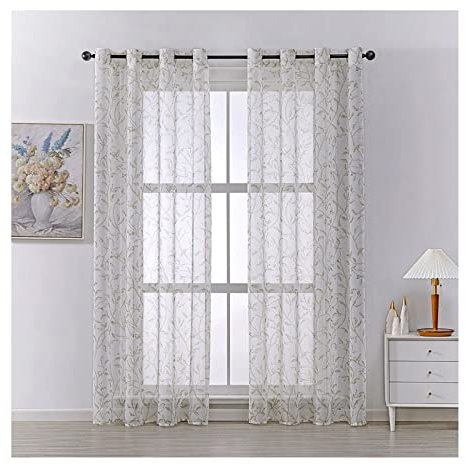Voile Vorhang Gardine, Gardinen Braun mit Ösen 2er Set Polyester Transparenter Vogel Und Baum Schlafzimmer Deko 137x214cm