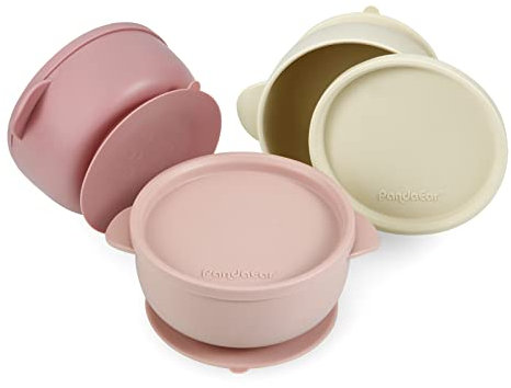PandaEar Juego de 3 tazones para bebé con succión | Tazones de silicona a prueba de fugas que se mantienen en su lugar con tapas para bebés, niños pequeños e infantes -Rosa