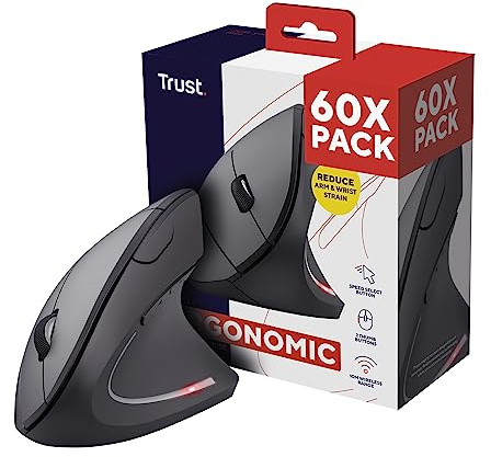 Trust Verto 60 Pack - 60x Wireless Ergonomic Mouse, Vertical Mouse with Storable USB Micro-receiver, 6 Buttons, Illuminated Mouse for Right Hand Users for PC, Laptop, Mac, Batteries Included - Black