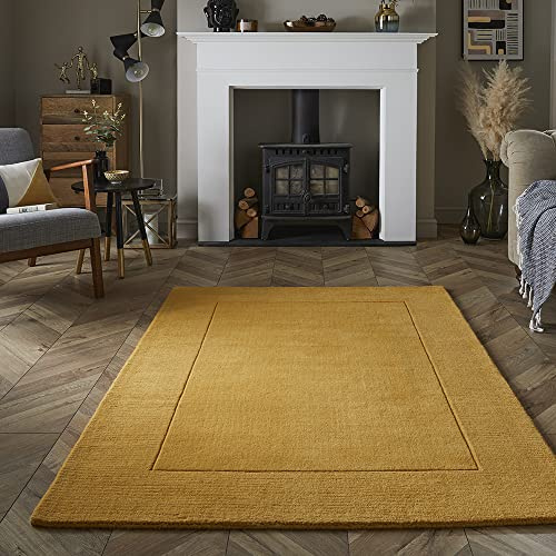 Lord of Rugs Wool Bordered Rug for Modern Classic Bedroom Living Room Soft Quality Esme Hand Carved Elegance Plain Vibrant Colours Rug Ochre Yellow, Large 160x230 cm (5'3x7'7)