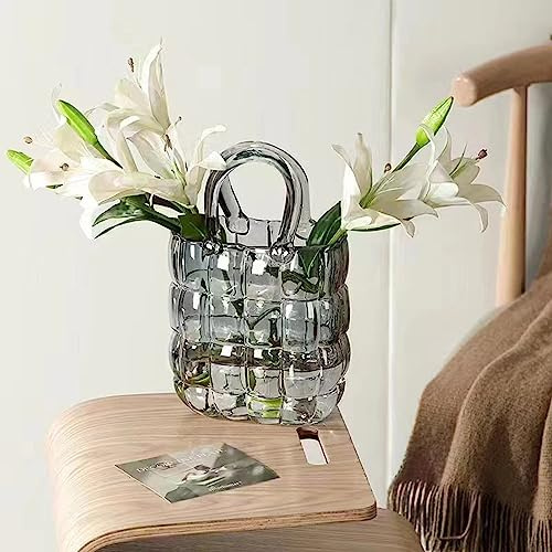 Mokylor Glass Purse Vase for Flowers, 11in Handbag Shape Unique Flower Vase Decorative, Fish Bowl Handbag Cute Vase Bubble Wide Mouth Vase for Centerpieces Home Wedding Decor(Grey)