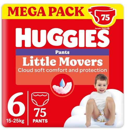 Huggies Little Movers Windelhöschen, Größe 6 (15-25 kg), sehr saugfähig, Mega-Pack, 75 Stück