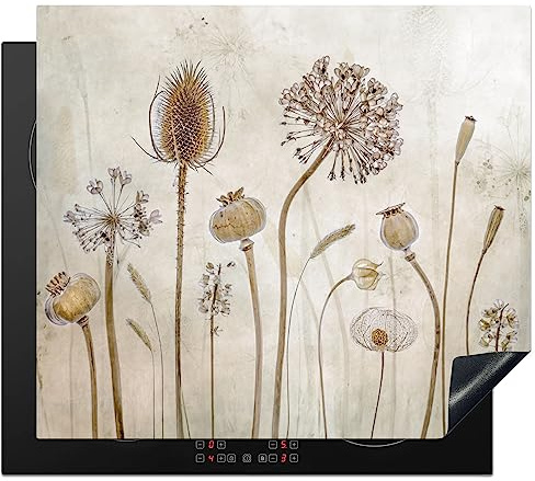 KitchenYeah© Herdabdeckplatte Einteilig Ceranfeld Abdeckplatte für | 59x52 cm - Induktionsschutz Ceranfeldabdeckung Vinyl Herdabdeckplatten Blumen - Aquarell - Braun - Vintage - Pflanzen