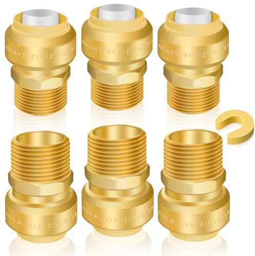 Push Fit Plumbing Fitting with 1/2'' NPT Male x 1/2'' Push to Connect, 6pcs No Lead Brass 1/2inch Push Fit Male Adapters, Straight Connector Plumbing Fitting with Disconnect Clip
