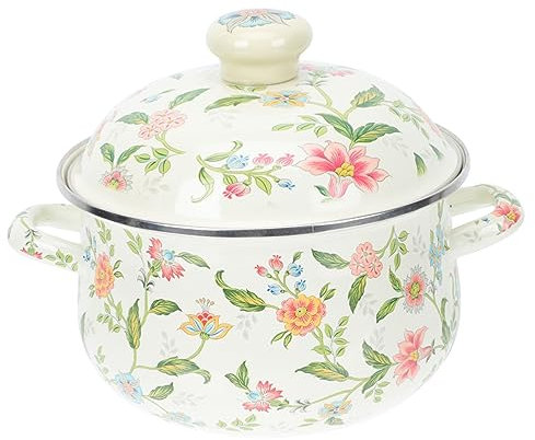 BESTonZON Enamel Stockpot 20cm Flat Bottom Soup Stew Pot Thickened Double Handle Suitable for Gas and Induction Cookers Home Cooking Enamel Pot