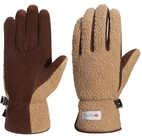 Harssidanzar Winter Echtes Wildleder Handschuhe Damen Warmes gefüttert Outdoor Skifahren Lederhandschuhe SL021EU,Kamel/Dunkelbraun,Größe S