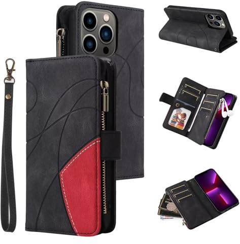 Kompatibel mit Hülle Xiaomi 13T/Xiaomi 13T Pro/K60 Ultra, 9 Kartenfäche Leder Geldbörse Stoßfest Flip Case mit Handschlaufe Standfunktion Reißverschluss Handyhülle Magnetverschluss Wallet– Schwarz
