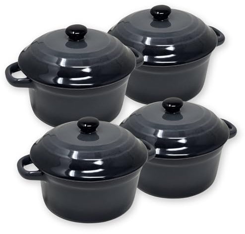 ToCi 4 cuencos pequeños con tapa | Mini moldes de cerámica para horno de 200 ml | moldes redondos Ø 10 x 5 cm | cazuela pequeña | color: antracita en juego de 4